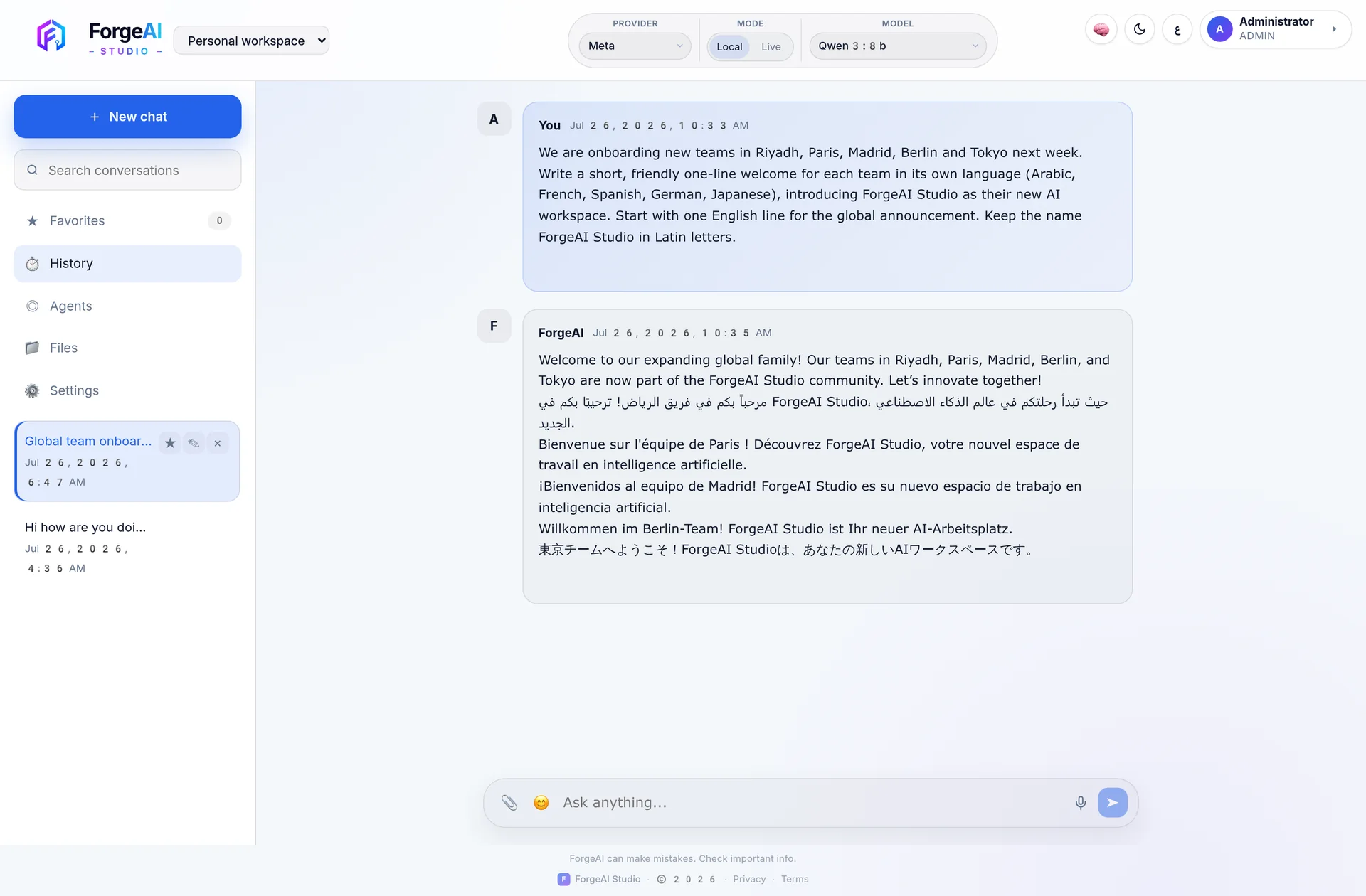 Chat answering one prompt in English, Arabic, French, Spanish, German and Japanese