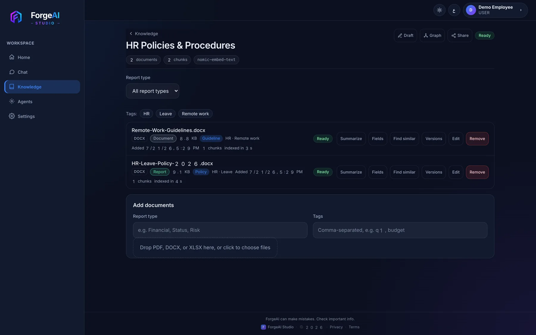 Knowledge collection detail with documents, tags, chunk counts and per-document actions