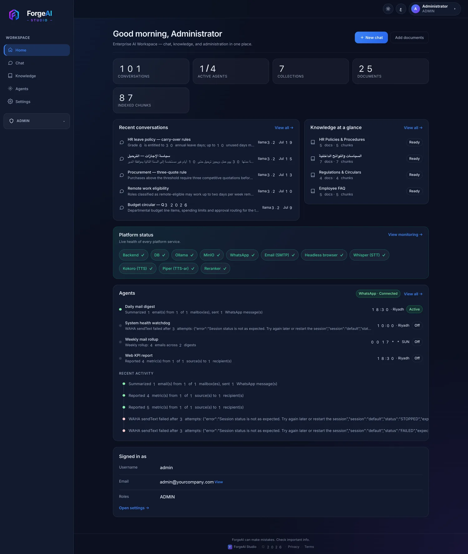 Home dashboard with conversation and collection counts, live service health and recent agent activity