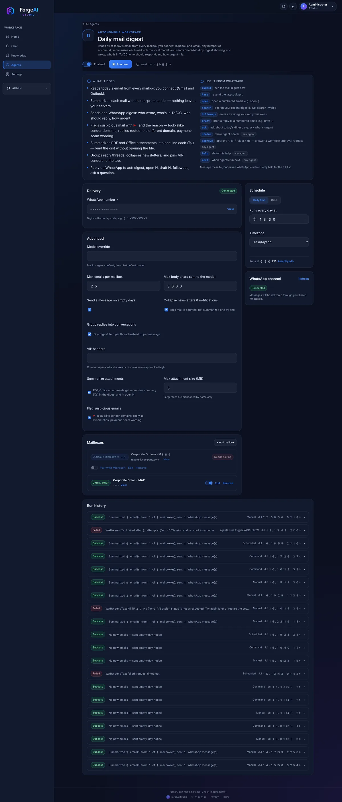 Full agent page with delivery settings, schedule picker, mailbox list and run history
