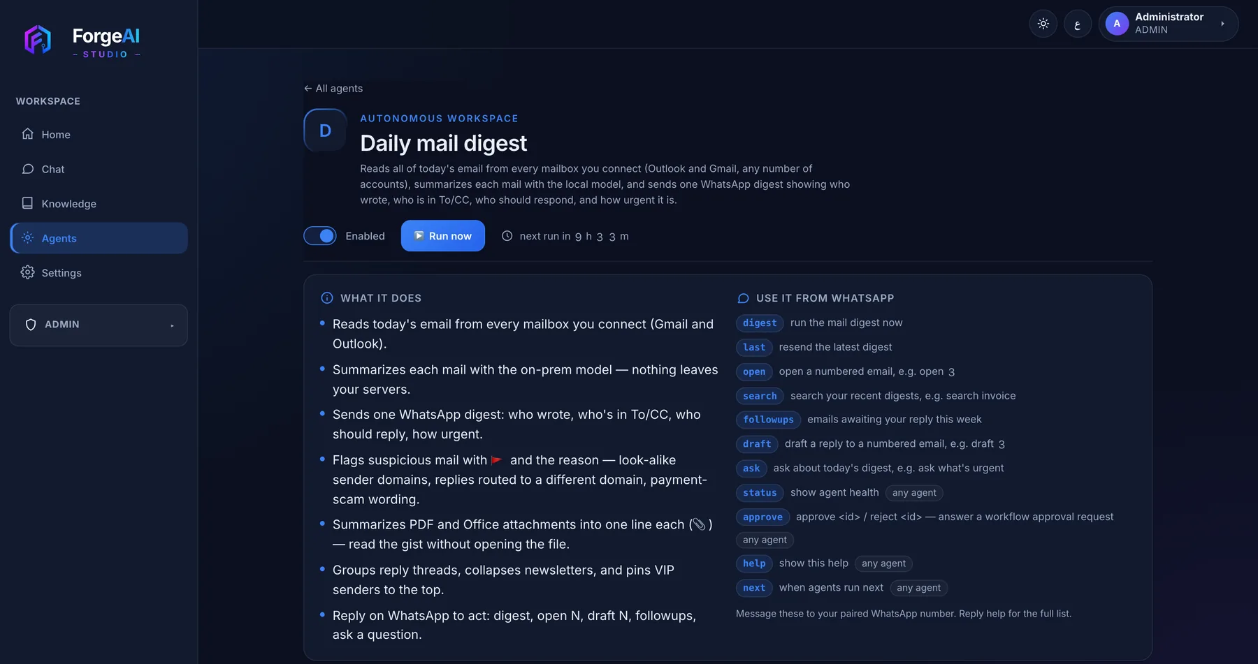 Mail digest agent page explaining what it does and the WhatsApp commands it accepts