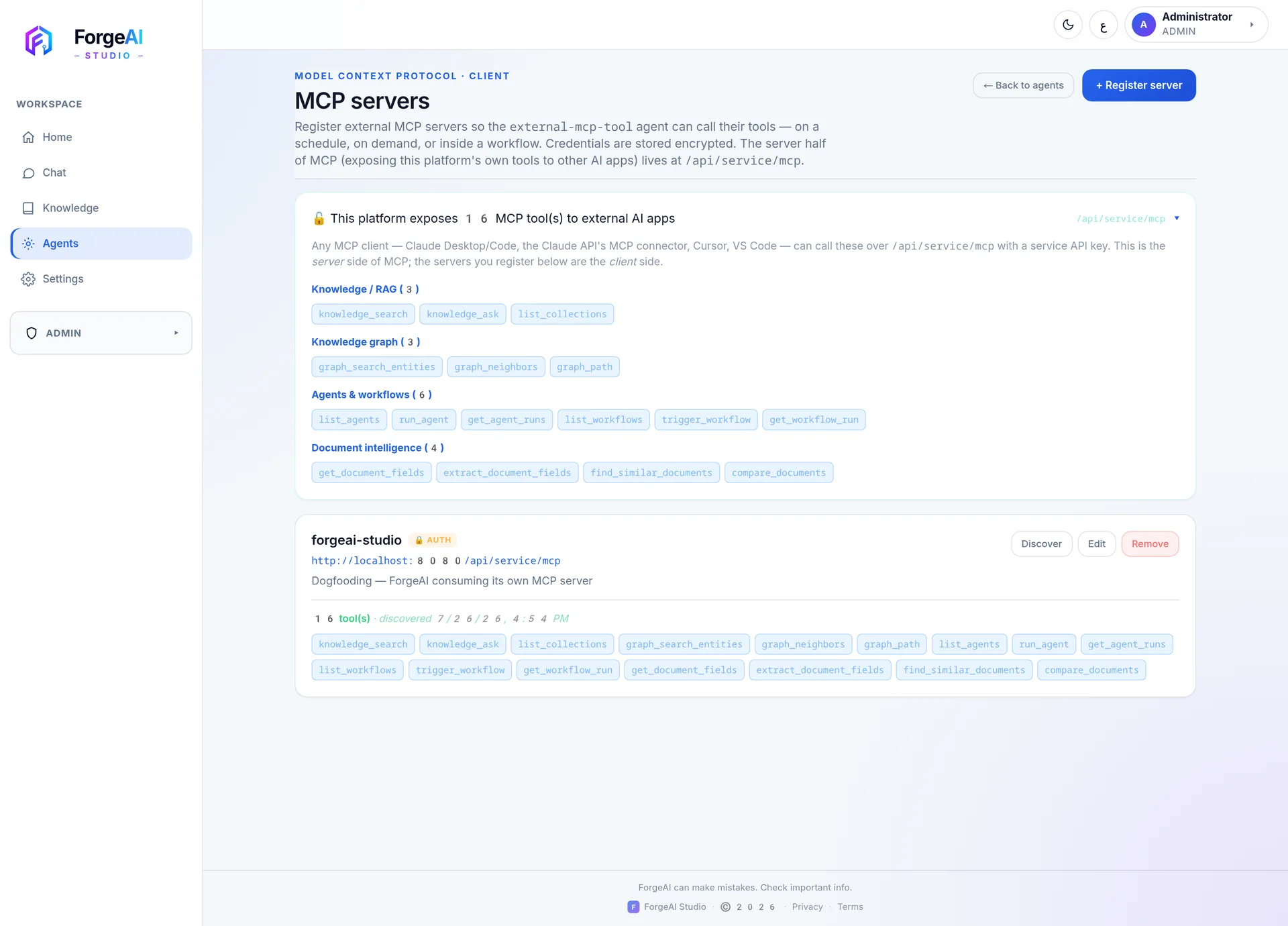 MCP servers screen listing sixteen tools exposed to external AI apps and registered external servers